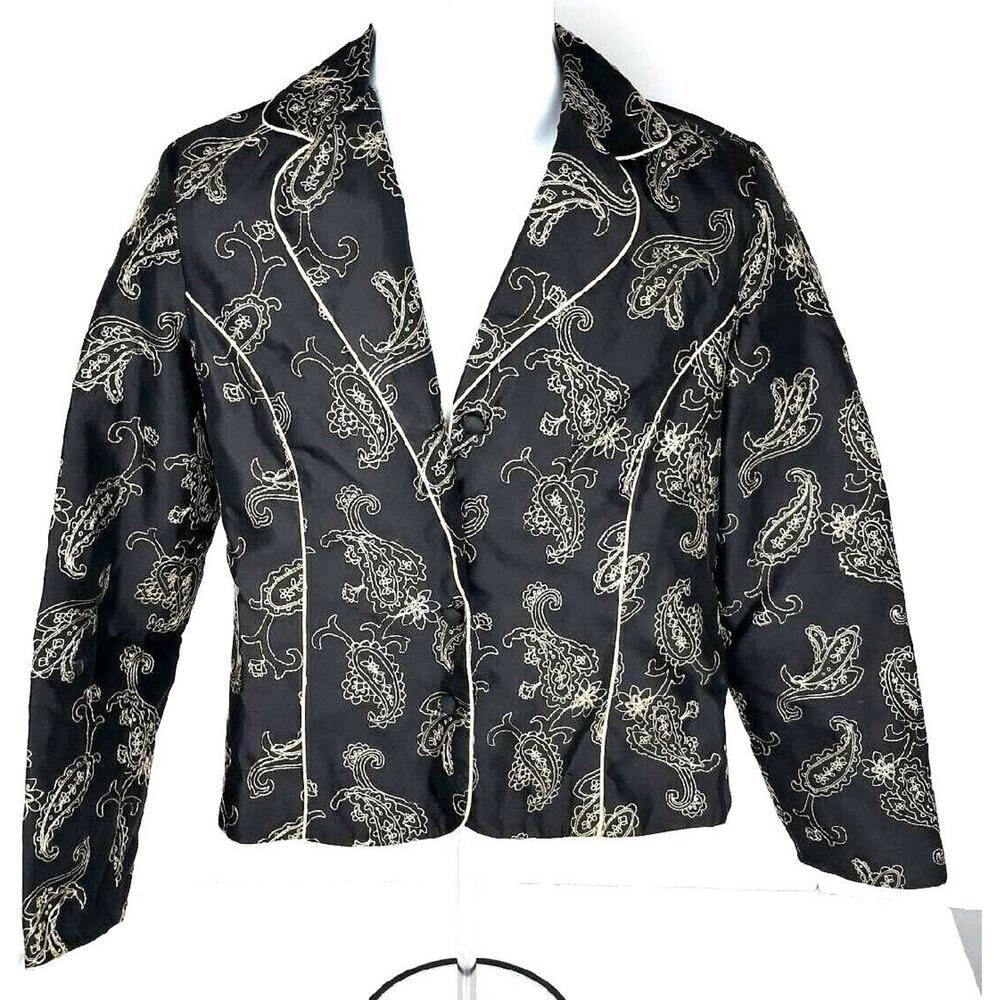 Silkland Petite Silk womens jacket bolero Size 8P lined black gold embroidery